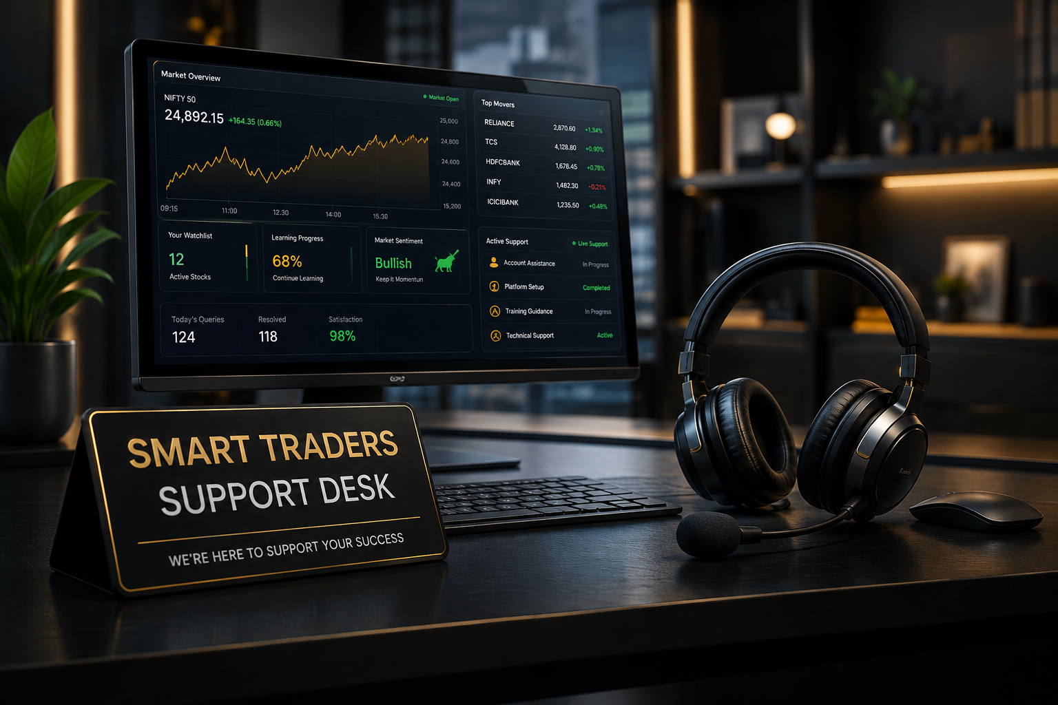 Smart Traders support desk with monitor, headphones, and support team ready to assist